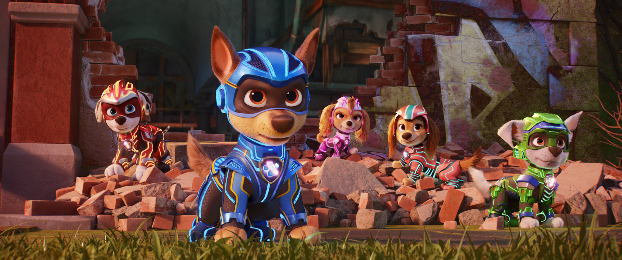 Christian Corrao as “Marshall', Christian Convery as “Chase', McKenna Grace as “Skye', Marsai Martin as “Liberty', and Callum Shoniker as “Rocky' in Paw Patrol: The Mighty Movie from Spin Master Entertainment, Nickelodeon Movies, and Paramount Pictur